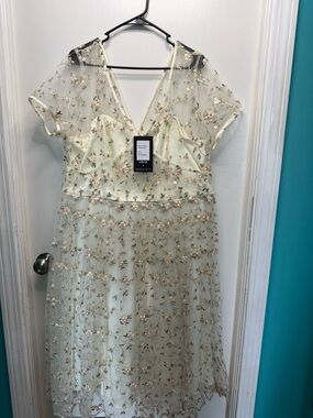 ModCloth Pale Cream Midi Dress with Blush Floral Embroidery